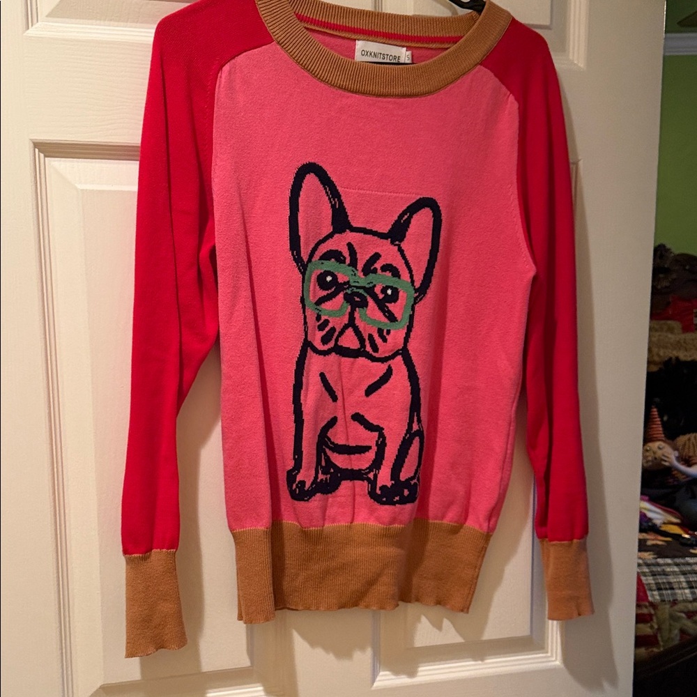 Oxknit Pink and Red Dog Sweater size S.